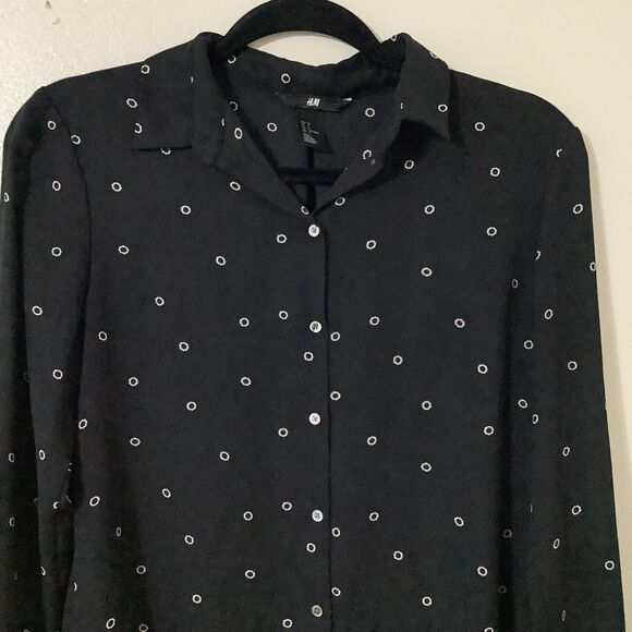 H&M Black Preppy Twee Retro Back to School Lightweight Button Down Shirt Size 4 - Picture 2 of 7